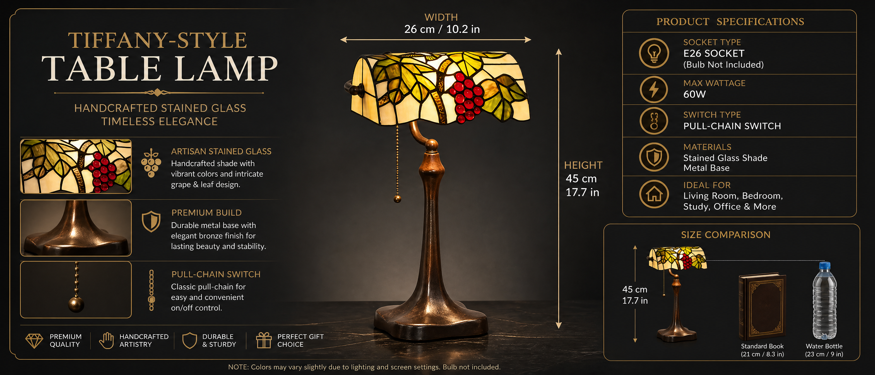 10-inch Tiffany style banker lamp size guide with E26 socket, pull-chain switch, stained glass shade and metal base