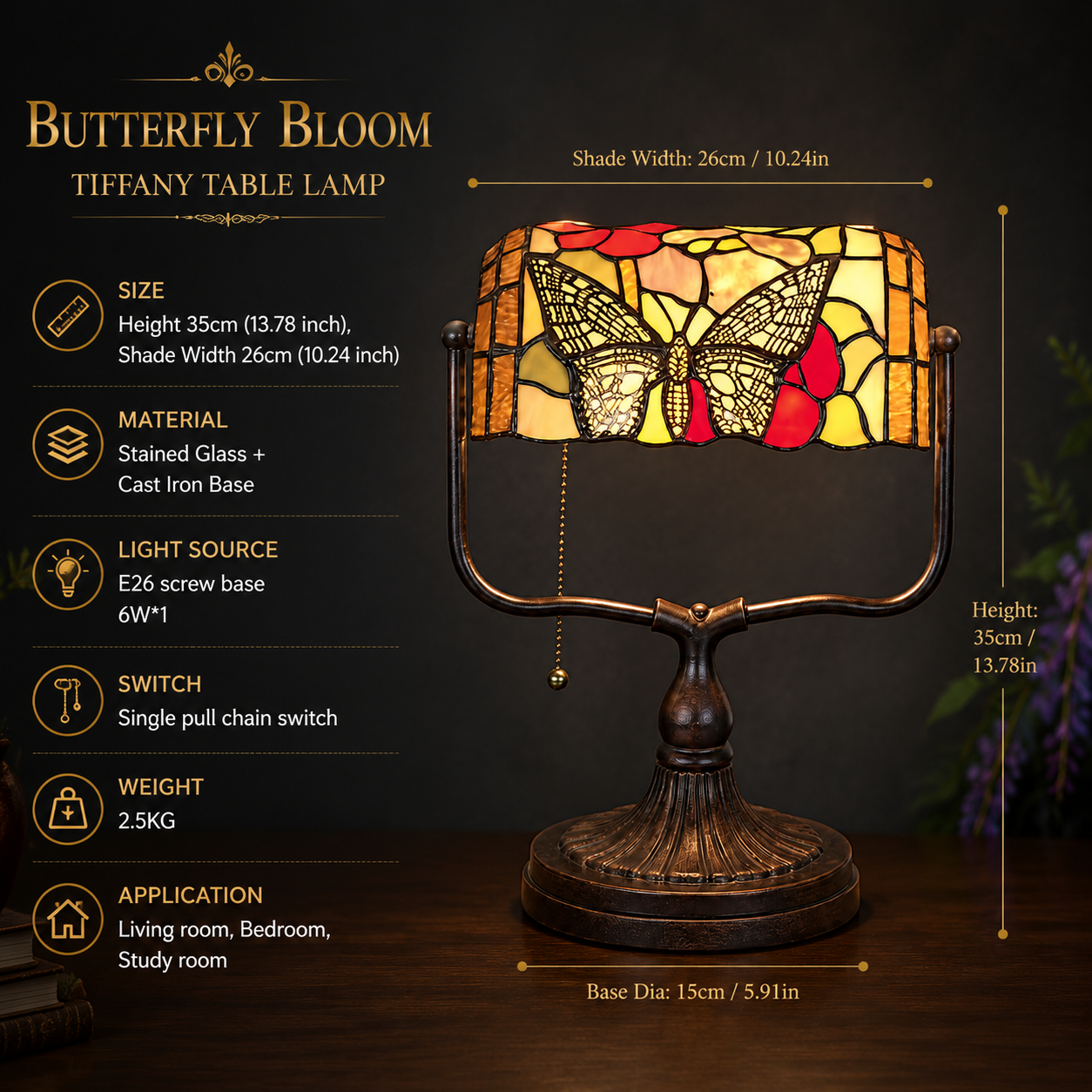 10-inch Tiffany style butterfly banker lamp with stained glass shade, cast iron base, E26 socket and pull-chain switch