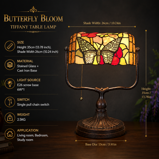 10-inch Tiffany style butterfly banker lamp with stained glass shade, cast iron base, E26 socket and pull-chain switch