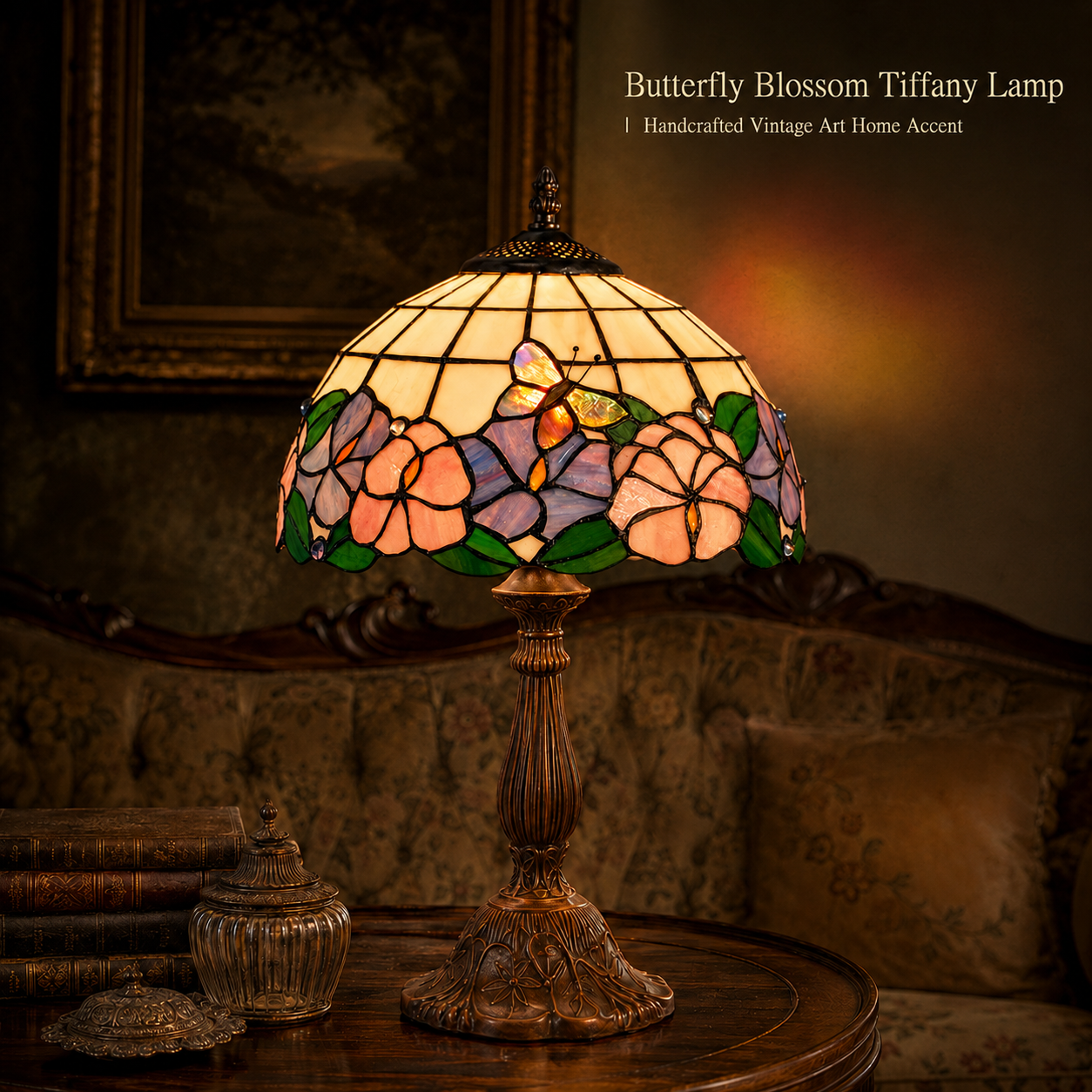 12 inch butterfly Tiffany bedside lamp with handcrafted stained glass shade and antique zinc alloy base for vintage bedroom decor