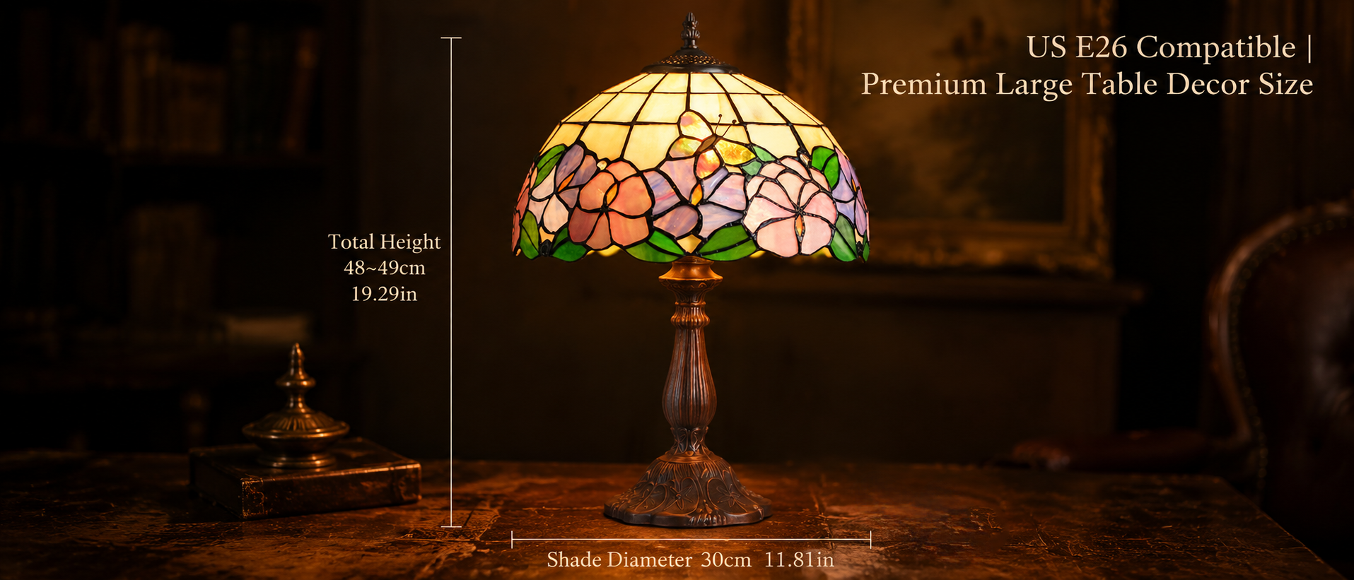 12 inch E26 stained glass table lamp with diameter and height measurements for bedside placement