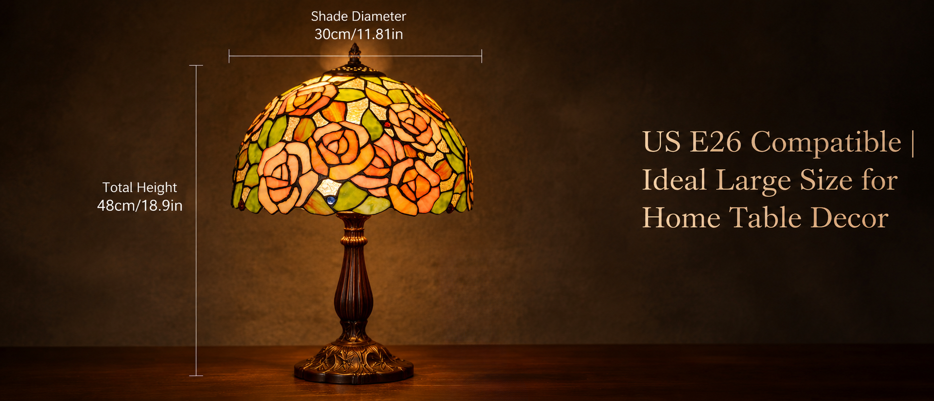 12 inch floral Tiffany lamp size guide displaying shade diameter and overall height for bedside table and home decoration use