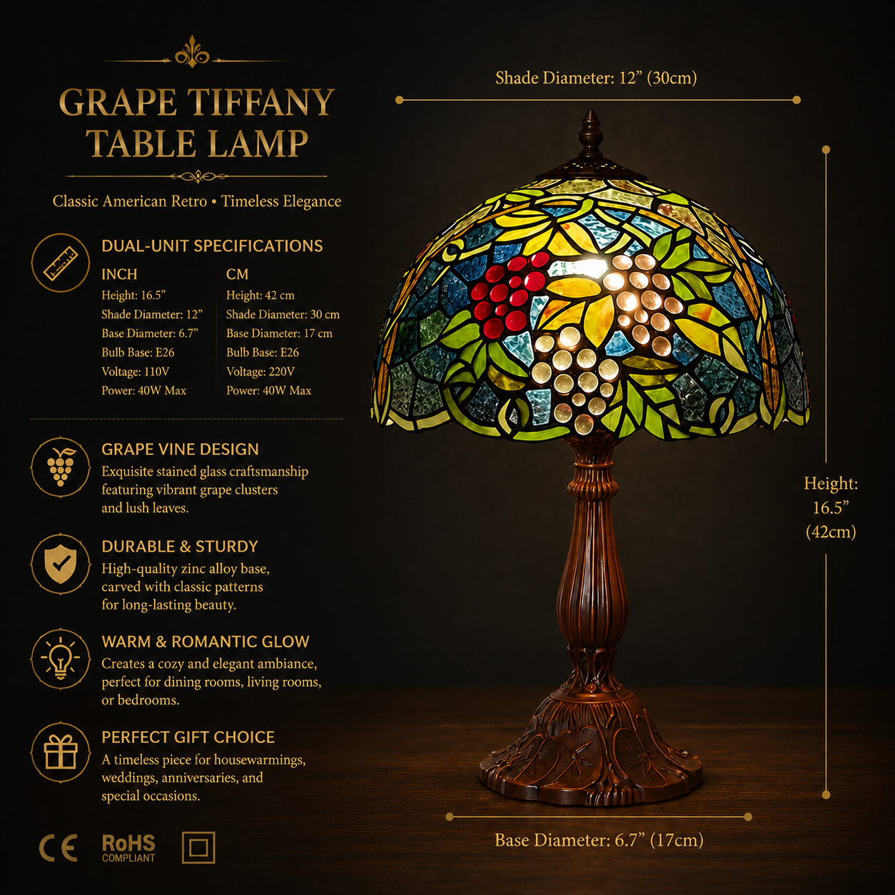 12 inch Grape Tiffany table lamp with stained glass shade dimensions, E26 bulb compatibility and antique zinc alloy base for bedside lighting