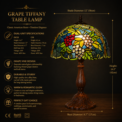 12 inch Grape Tiffany table lamp with stained glass shade dimensions, E26 bulb compatibility and antique zinc alloy base for bedside lighting