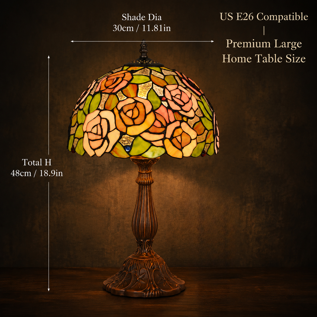 12 inch pink rose Tiffany table lamp dimensions showing stained glass shade size and antique metal base design for bedroom nightstand use