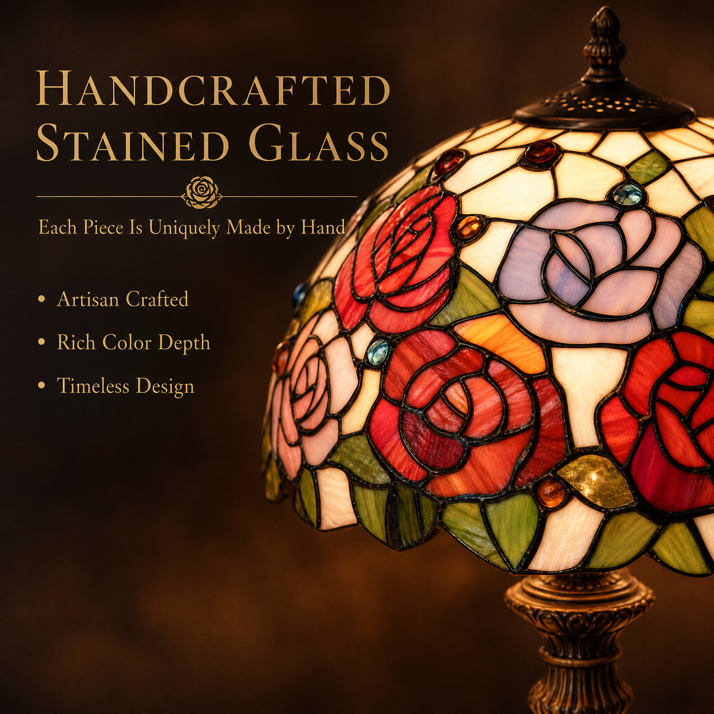 12 inch Rose Tiffany table lamp with handmade stained glass shade for elegant bedroom bedside lighting
