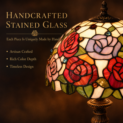 12 inch Rose Tiffany table lamp with handmade stained glass shade for elegant bedroom bedside lighting