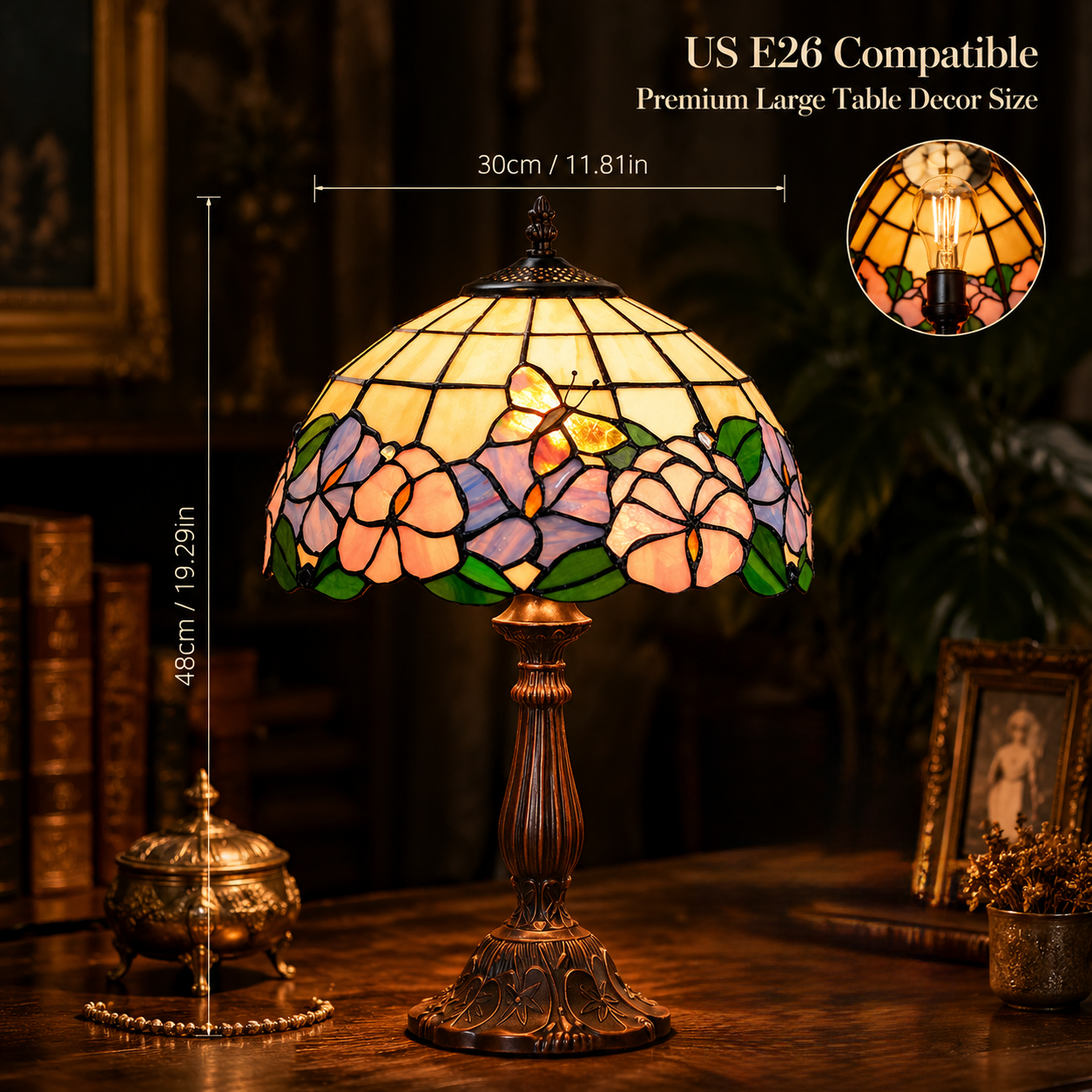 12 inch stained glass table lamp dimensions showing E26 compatible bedside lighting size for bedroom decoration