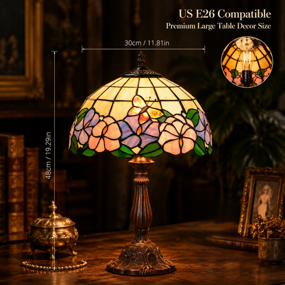 12 inch stained glass table lamp dimensions showing E26 compatible bedside lighting size for bedroom decoration