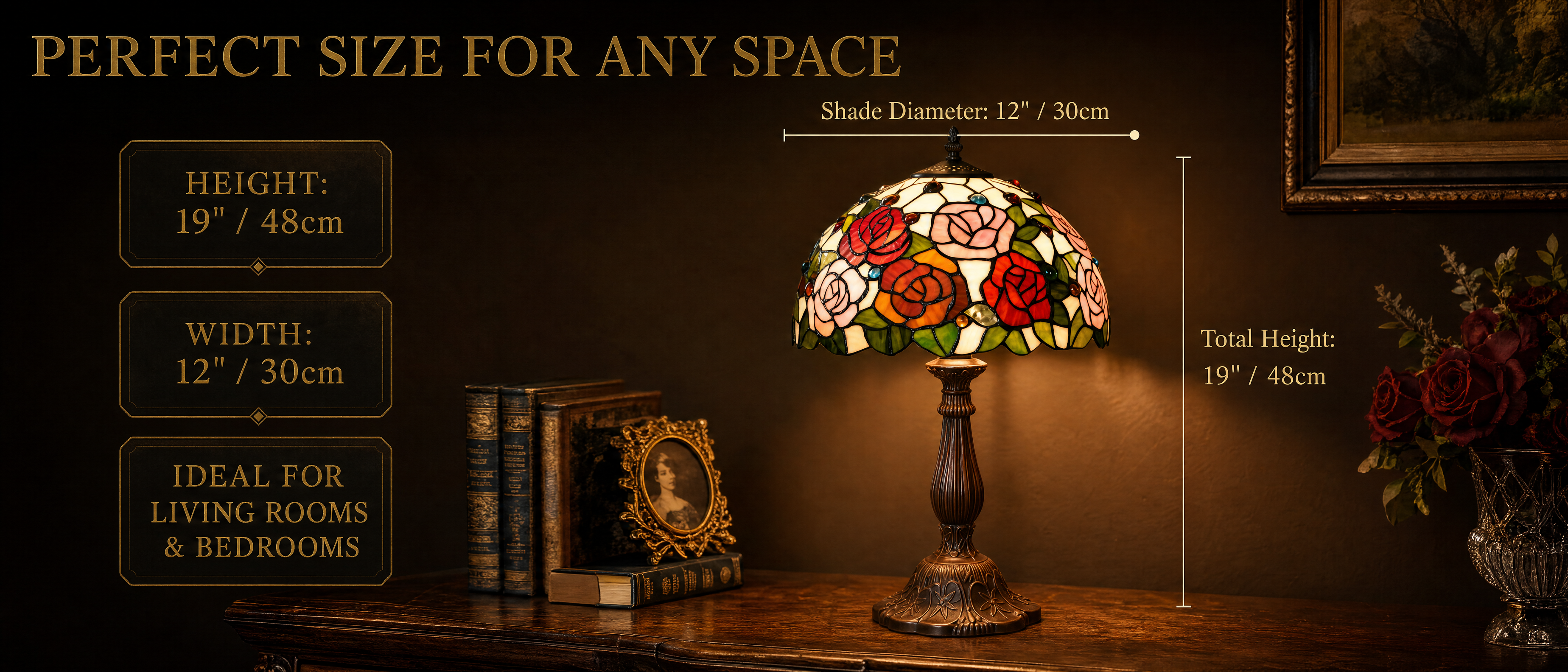 12 inch table lamp dimension guide showing height and shade width for bedroom and living room placement