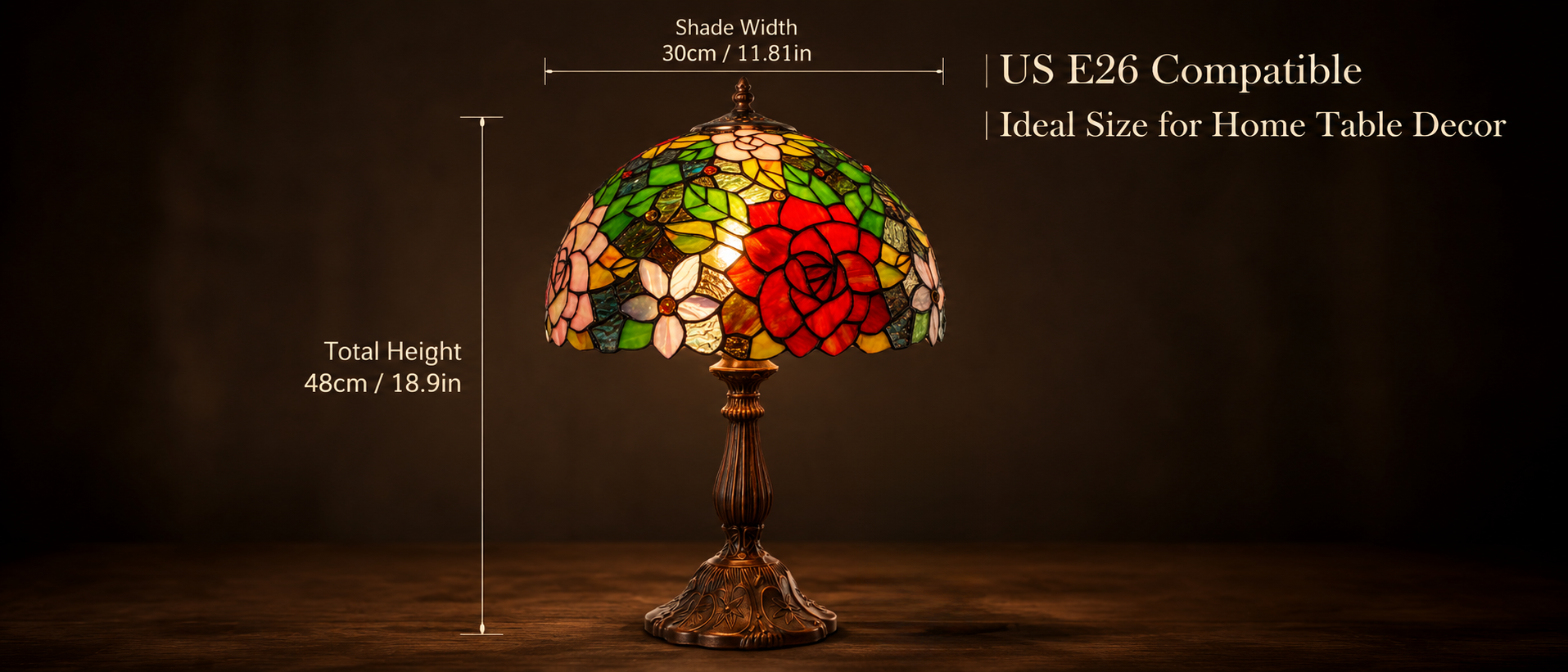 12 inch Tiffany table lamp dimension guide showing 30cm shade width and E26 socket compatibility
