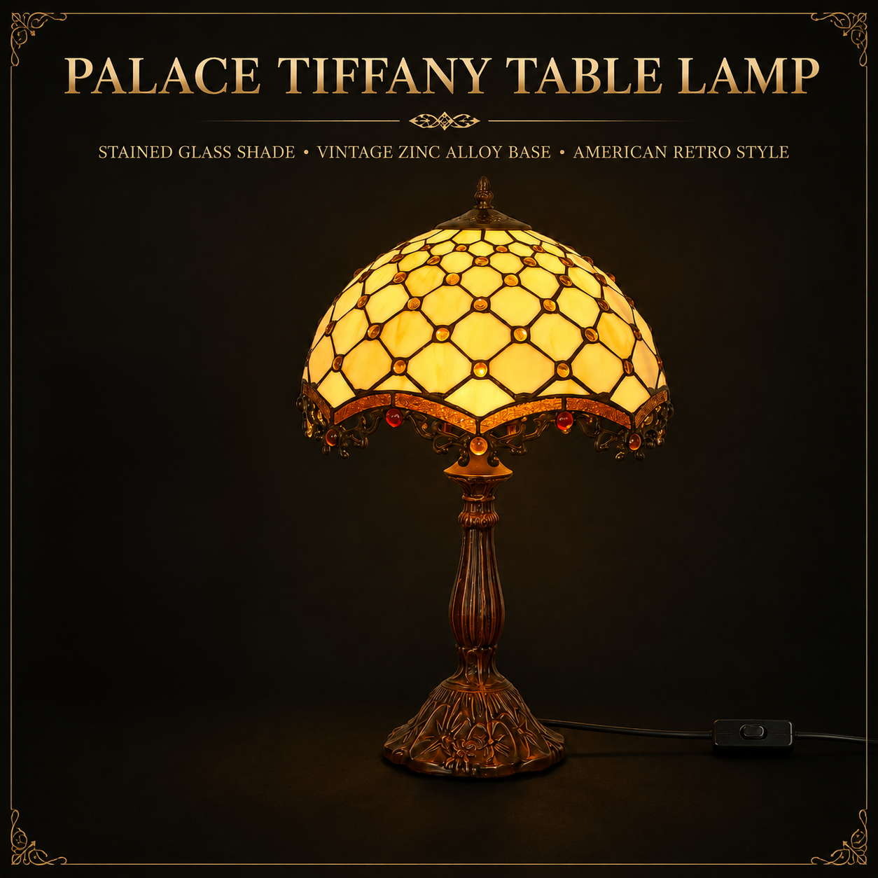 12 inch Tiffany table lamp with handmade stained glass shade and vintage zinc alloy base for bedroom bedside lighting