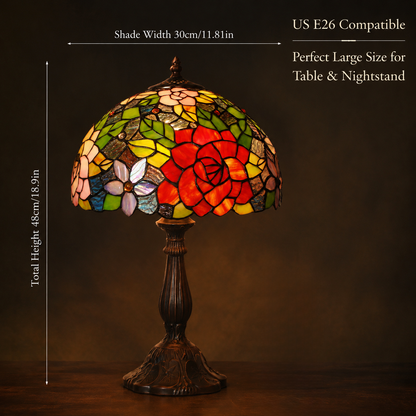 12 inch Tiffany table lamp size guide showing dimensions for bedside table and nightstand placement