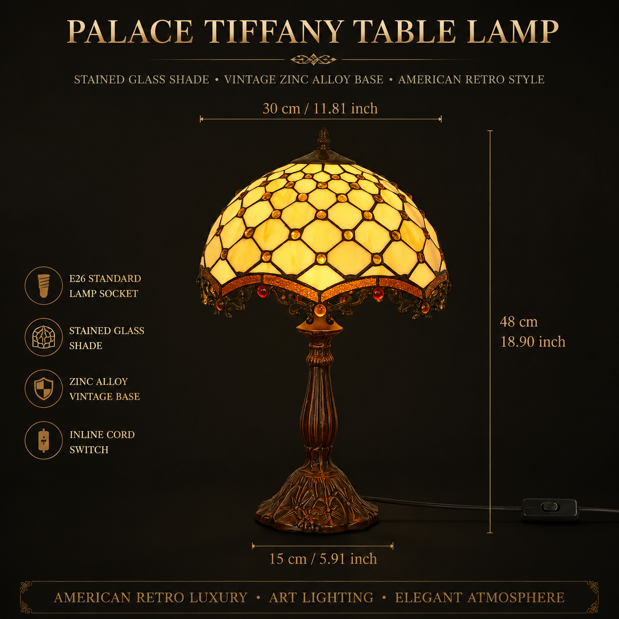 12 inch Tiffany table lamp dimensions showing height, shade size and vintage bedside lamp proportions