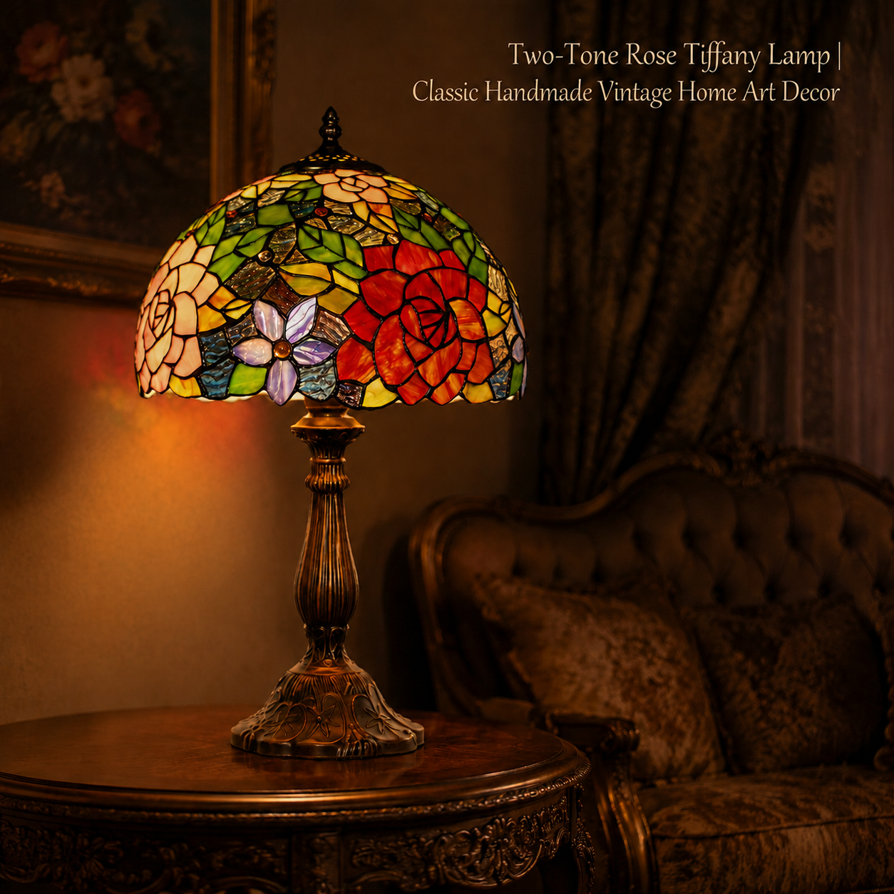 12 inch Tiffany table lamp with two tone rose stained glass shade placed on a vintage bedroom nightstand