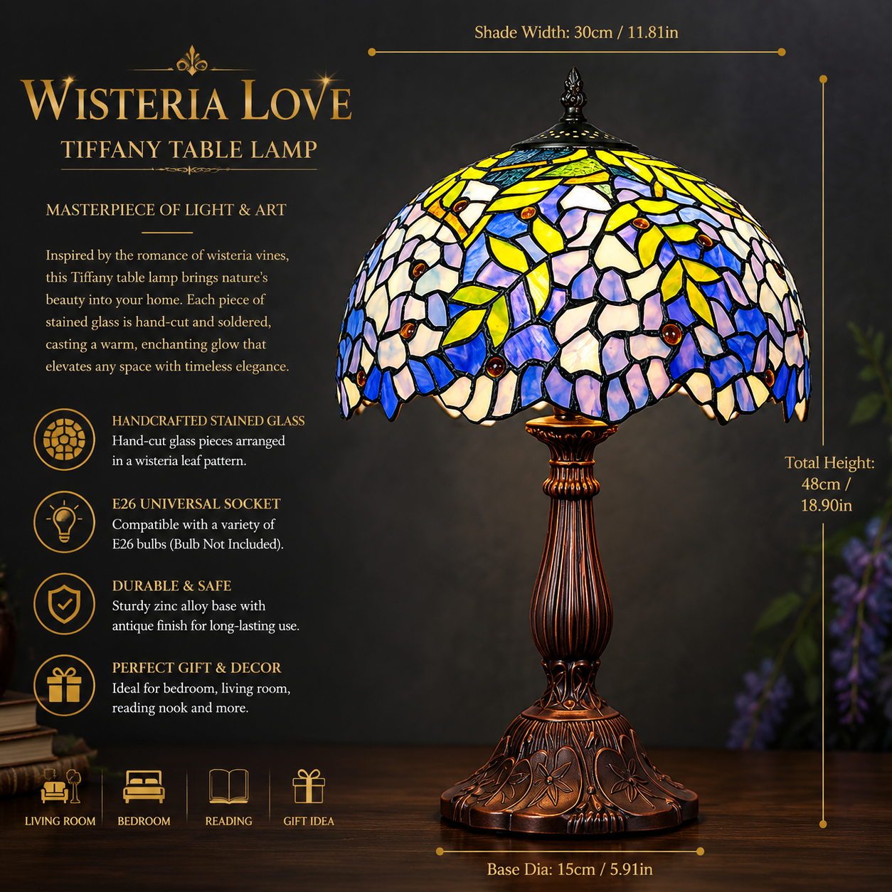 12 inch Wisteria Tiffany table lamp with handcrafted stained glass shade and antique bronze base for bedroom bedside lighting