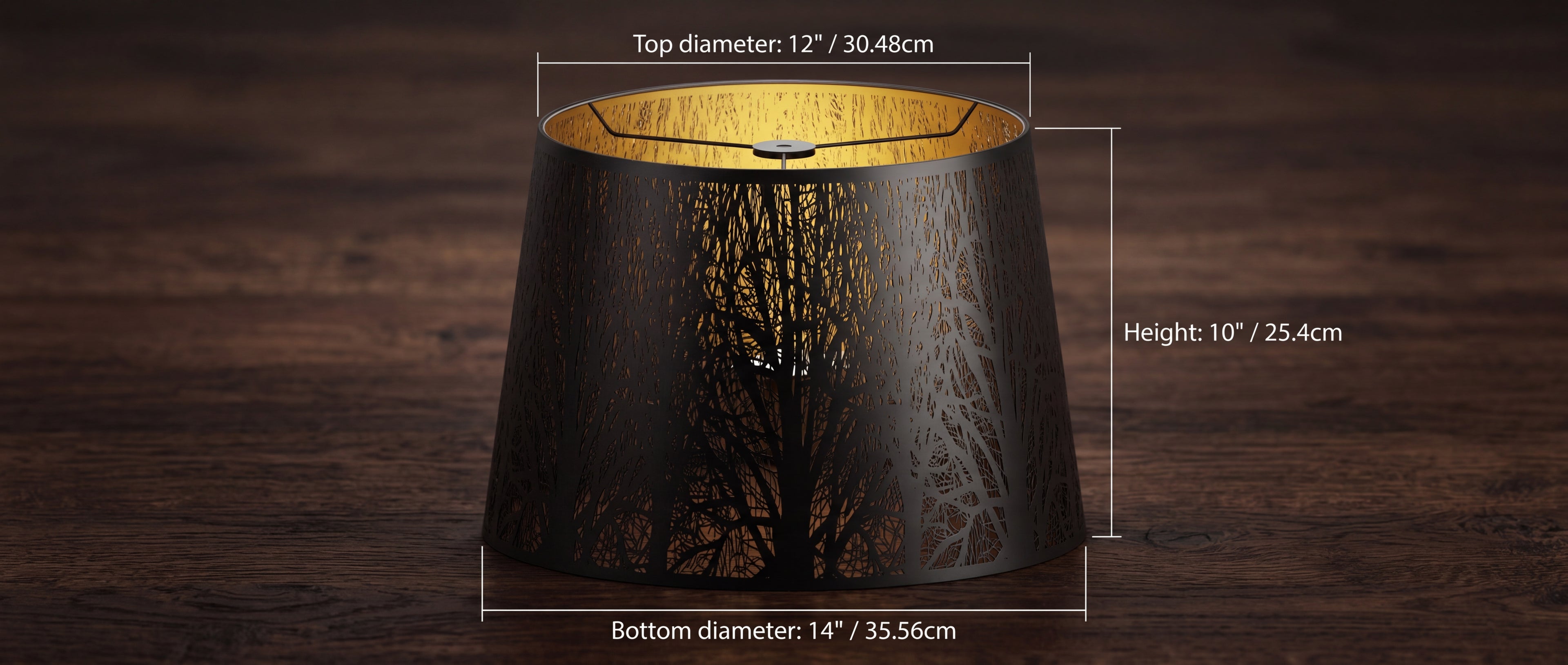 Large metal lamp shade dimensions showing a 12-inch top diameter, 14-inch bottom diameter and 10-inch height.