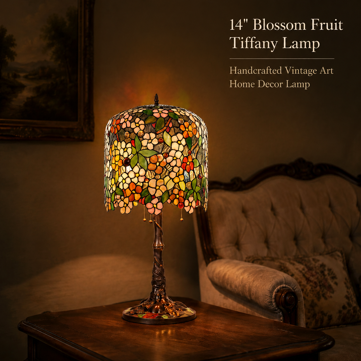 14 inch Apple Blossom Tiffany table lamp with handmade stained glass shade displayed as an elegant bedroom bedside light with warm vintage glow