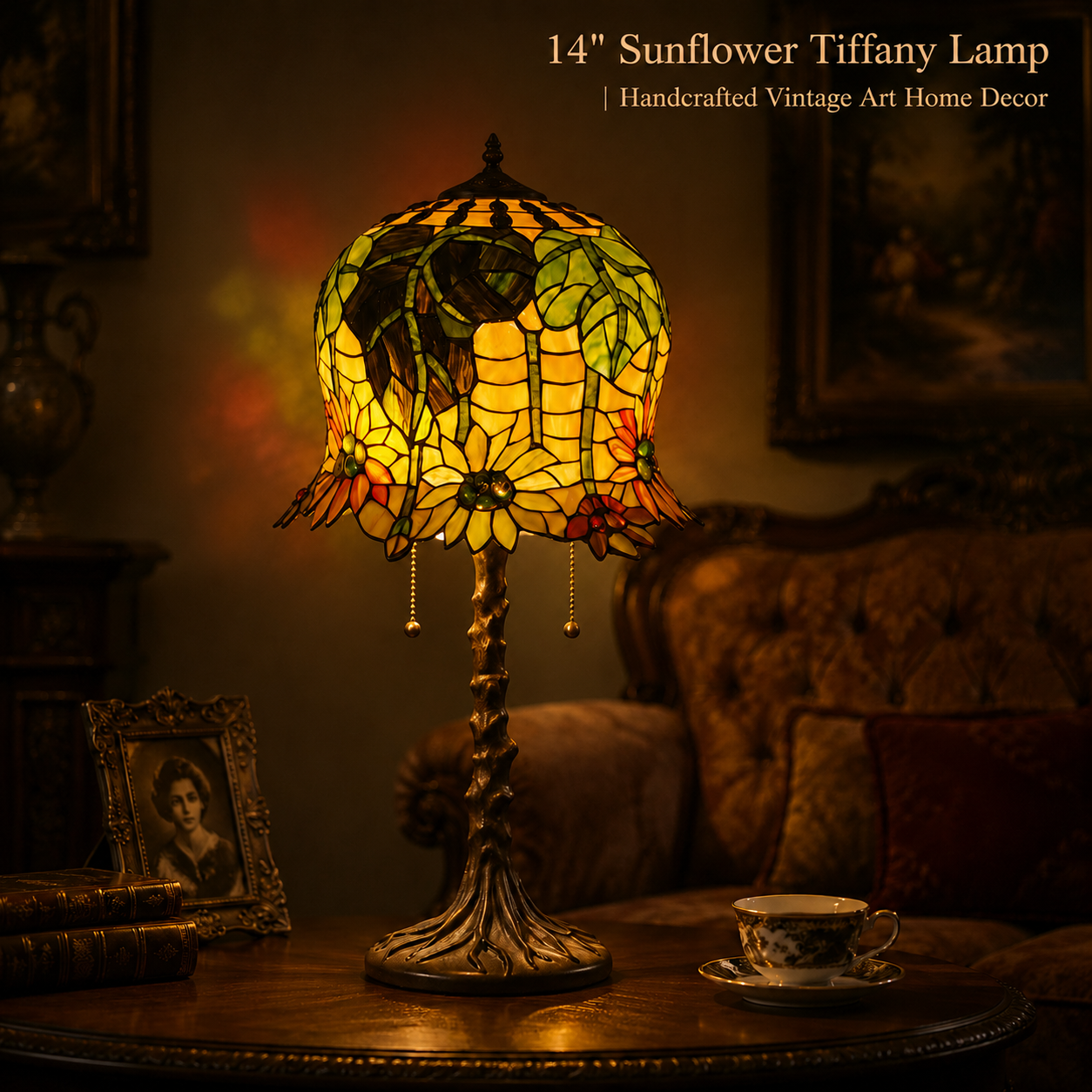 14 inch sunflower Tiffany table lamp with stained glass shade creating warm vintage lighting for bedroom bedside decor