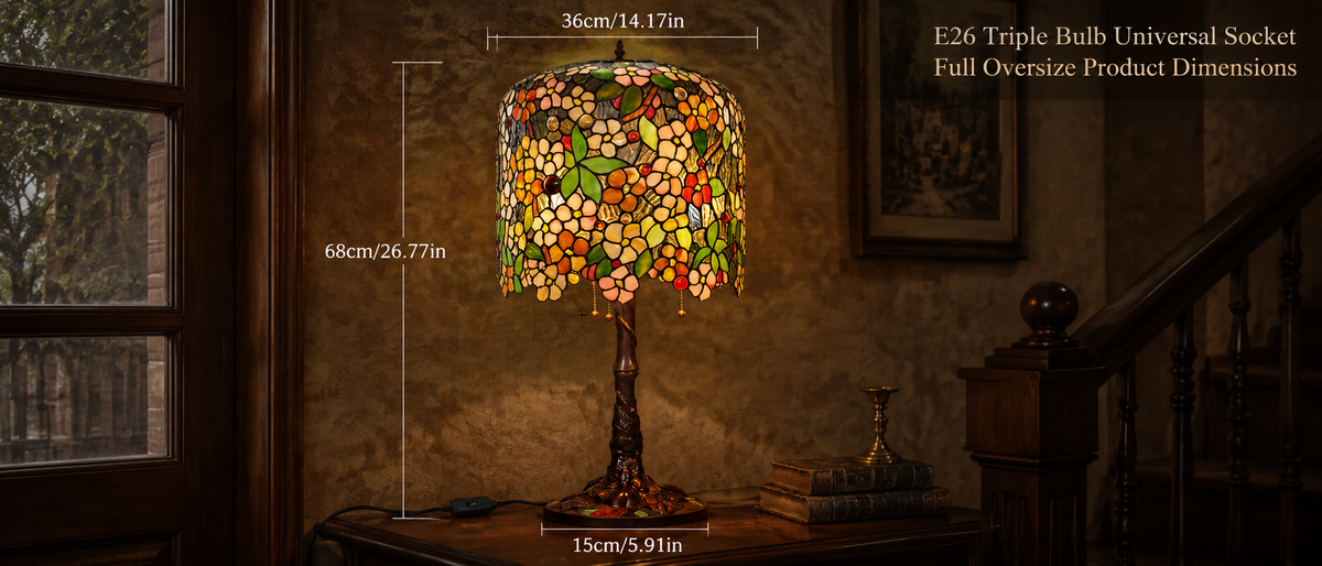 14 inch Tiffany table lamp dimension guide displaying shade diameter and height measurements for bedroom and living room placement