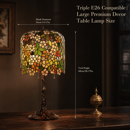 14 inch Tiffany table lamp size guide showing dimensions of the Apple Blossom stained glass bedside lamp for bedroom decoration