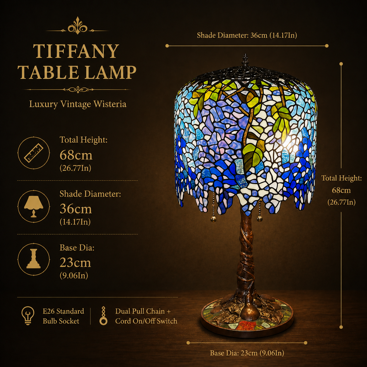 14 inch Wisteria Tiffany table lamp with stained glass shade, E26 socket, and cast iron base dimensions