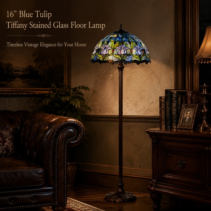 16 inch Blue Tulip Tiffany floor lamp with handmade stained glass shade illuminating a vintage living room interior