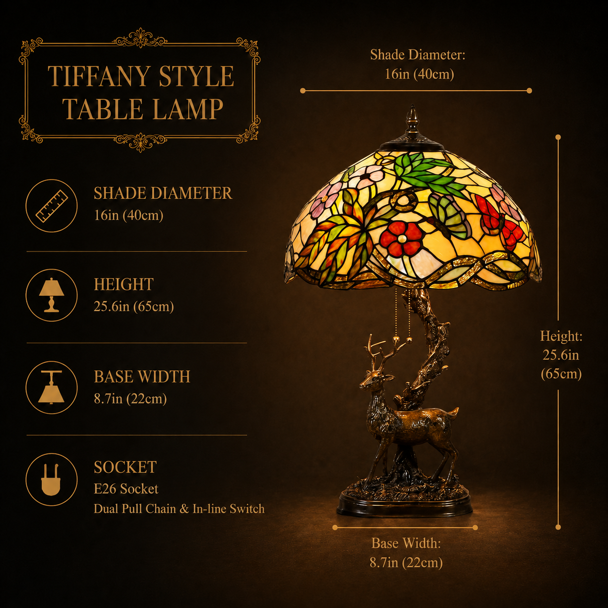 16 inch Butterfly Tiffany table lamp with handmade stained glass shade, solid brass base, and detailed size measurements