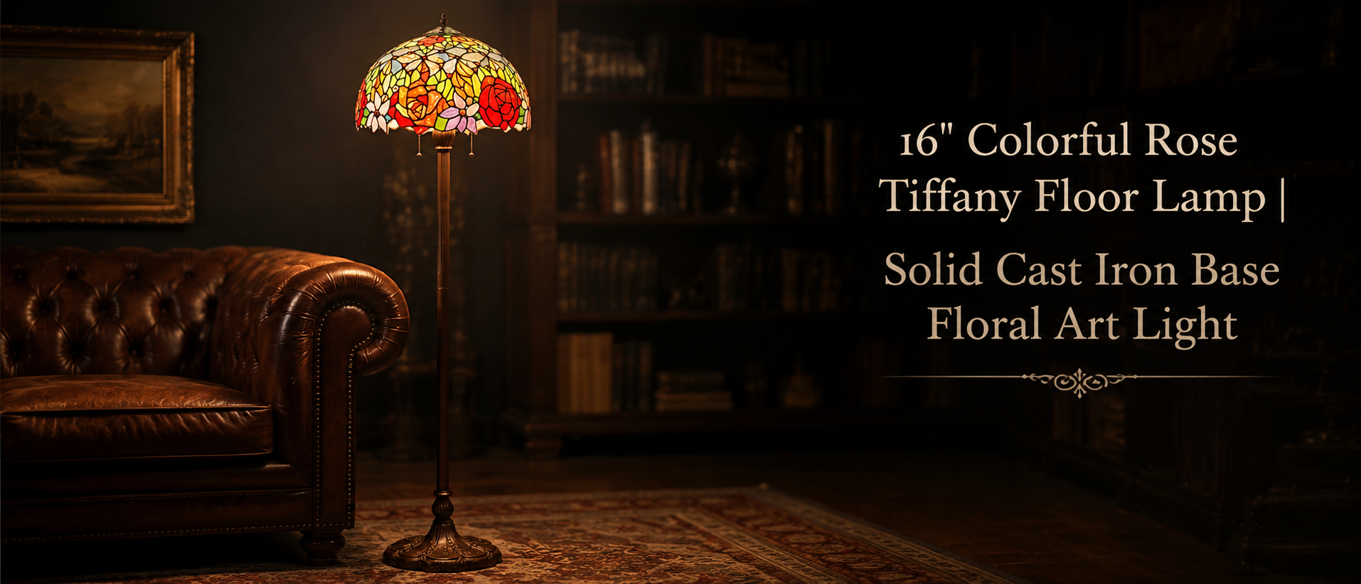 16 inch colorful rose Tiffany floor lamp with handmade stained glass shade and vintage floral design for classic home decor