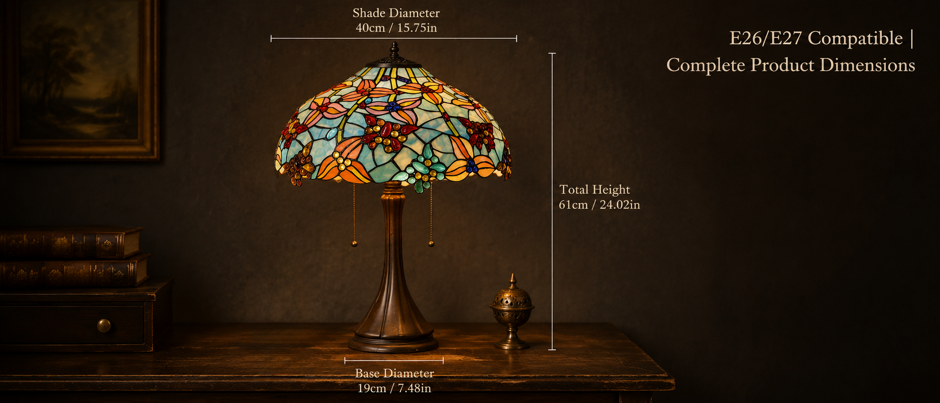 16 inch decorative table lamp size guide showing shade diameter and overall height measurements