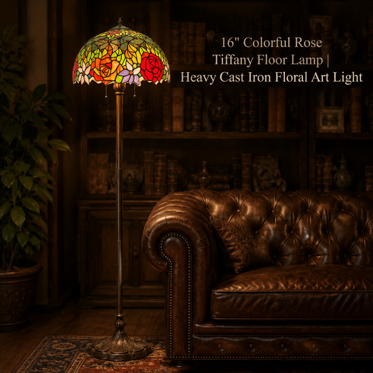 16 inch Double Color Rose Tiffany Floor Lamp with handmade stained glass shade and vintage cast iron base