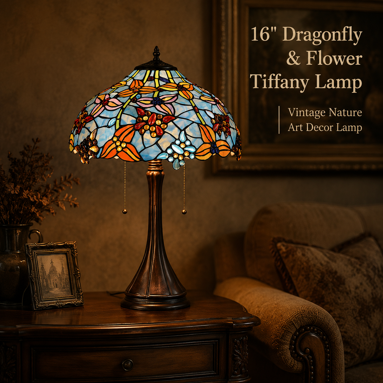 16 inch dragonfly Tiffany table lamp with handmade stained glass shade displayed in an elegant vintage living room