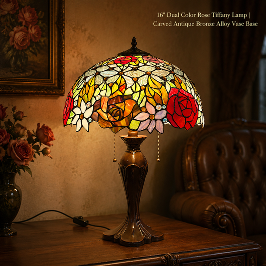 16 inch dual color rose Tiffany table lamp with handcrafted stained glass floral shade and antique bronze base