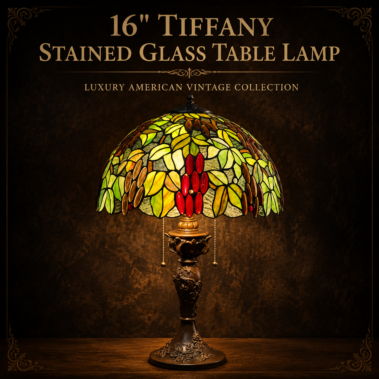 16 inch Fruit Orchard Tiffany table lamp with handmade stained glass shade and vintage bronze base