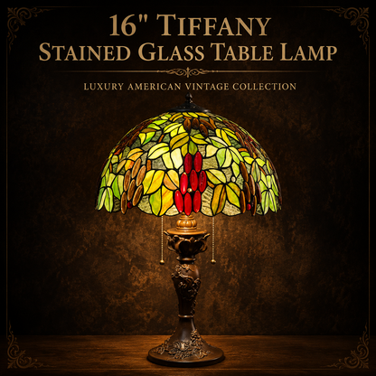 16 inch Fruit Orchard Tiffany table lamp with handmade stained glass shade and vintage bronze base