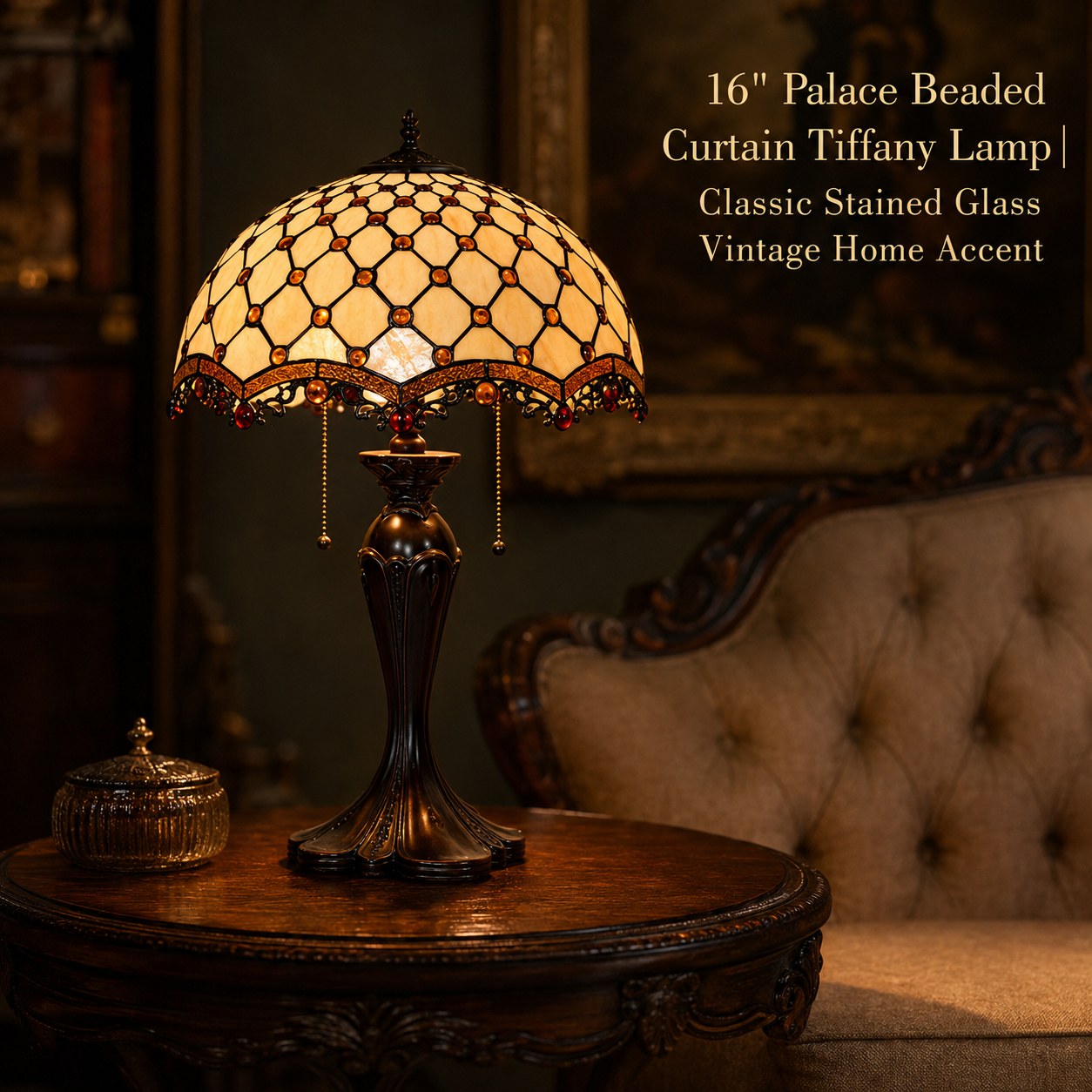 16 inch Palace Beaded Curtain Tiffany table lamp with stained glass shade and vintage alloy base in classic living room decor