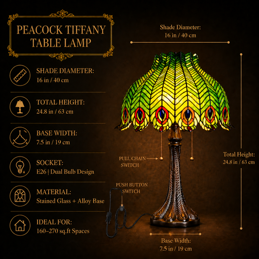 16 inch Peacock Tiffany table lamp with stained glass shade size measurements and antique bronze base