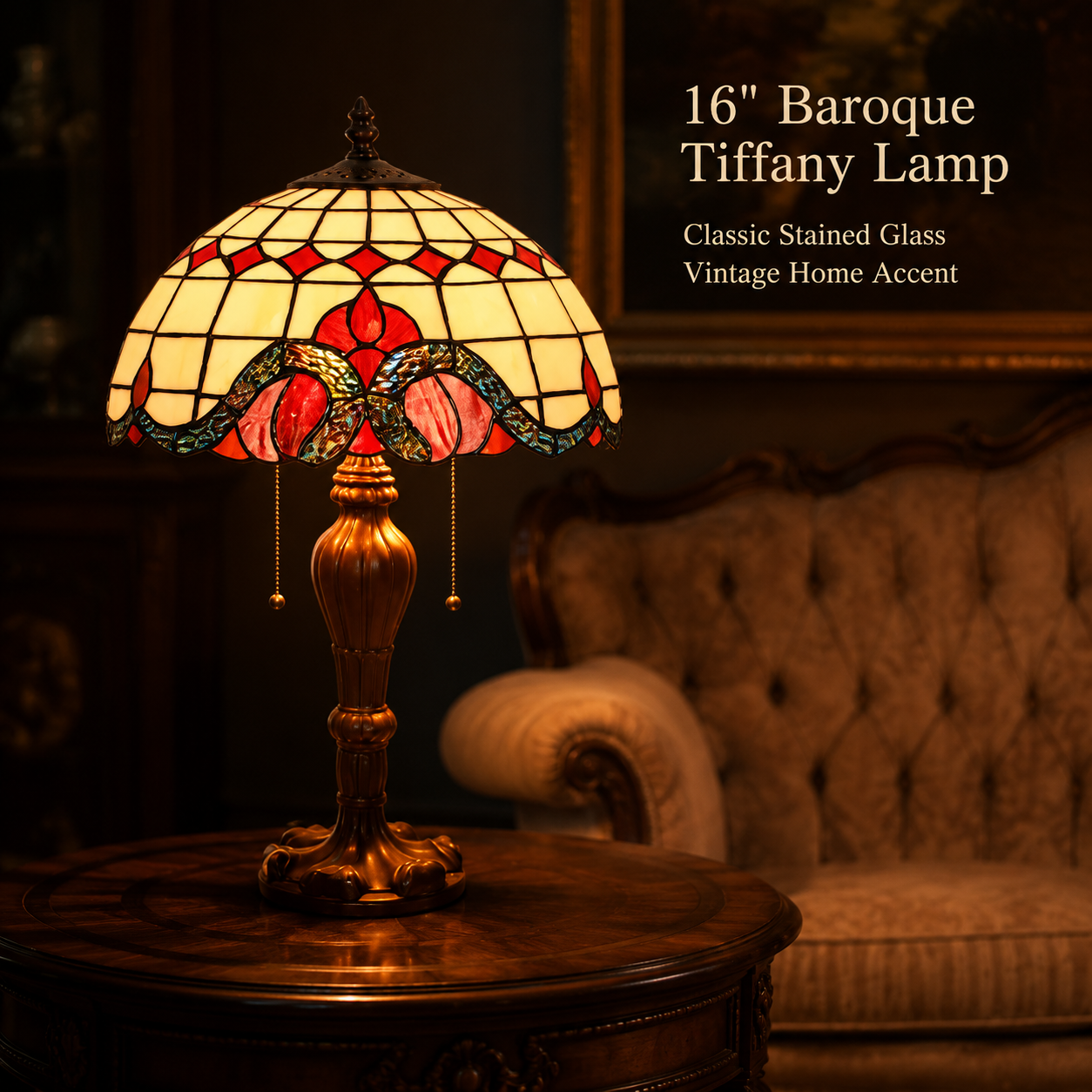 16 inch red Baroque Tiffany table lamp with stained glass shade and antique brass vintage base