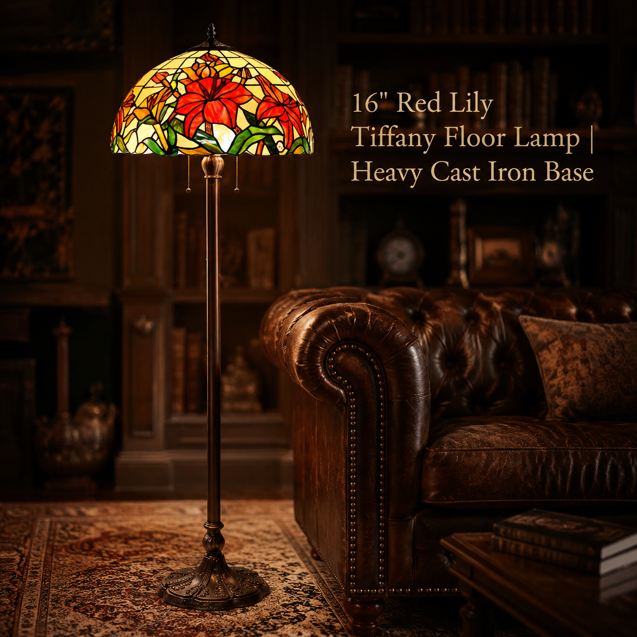 16 inch Red Lily Tiffany floor lamp with handmade stained glass shade displayed in an elegant vintage living room