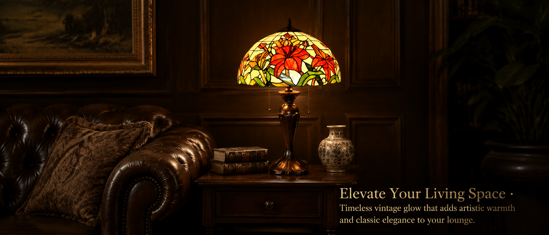 16 inch red lily Tiffany style table lamp showing handcrafted stained glass shade vintage bronze base and premium features
