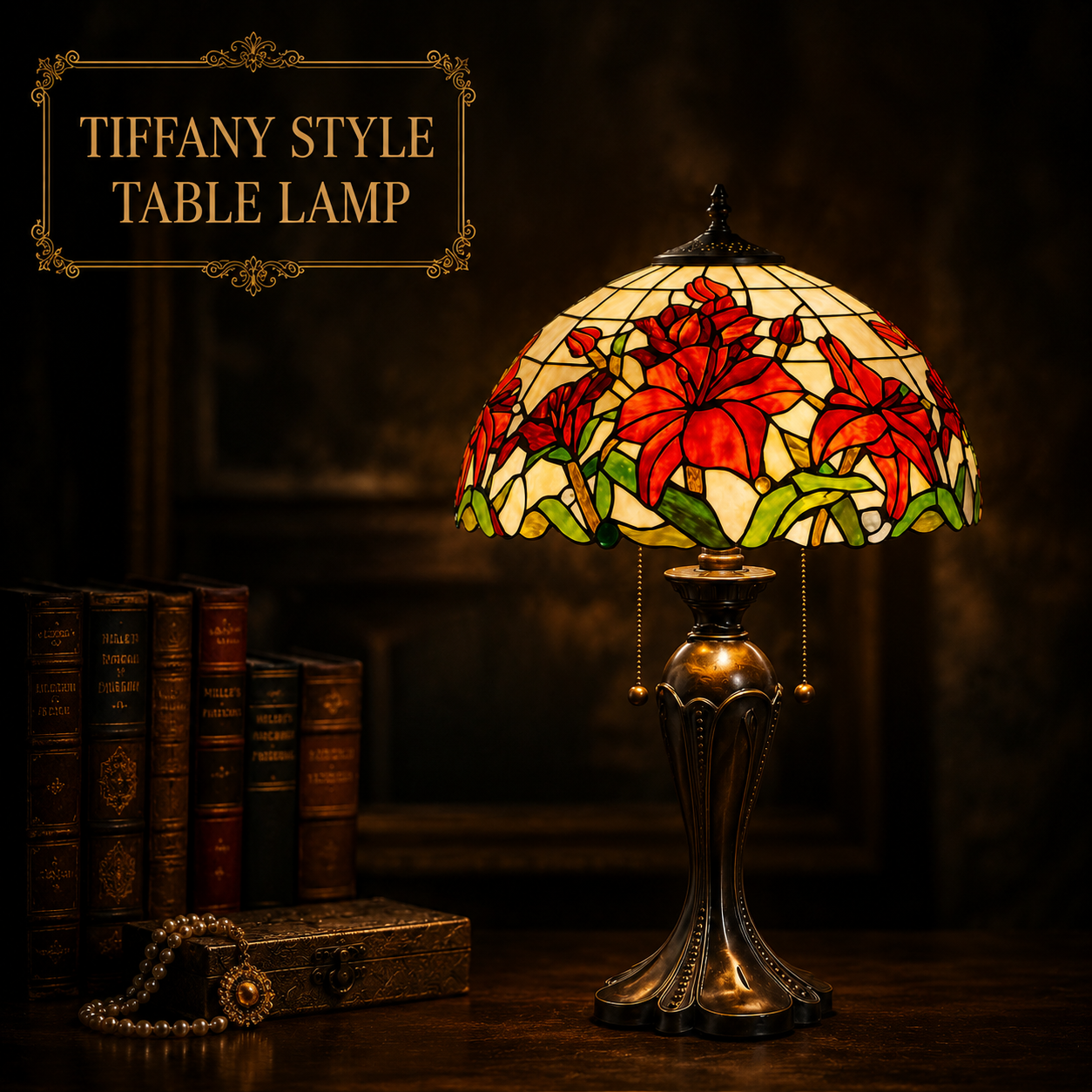 16 inch red lily Tiffany style table lamp with handcrafted stained glass shade and antique bronze alloy base