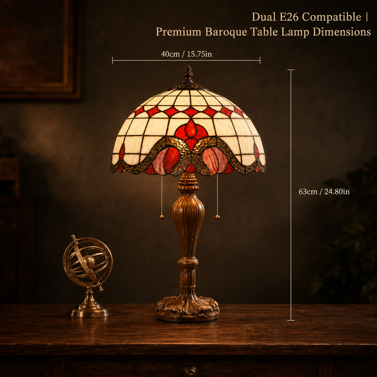 16 inch red Tiffany style table lamp dimensions with stained glass shade and E26 bulb compatibility