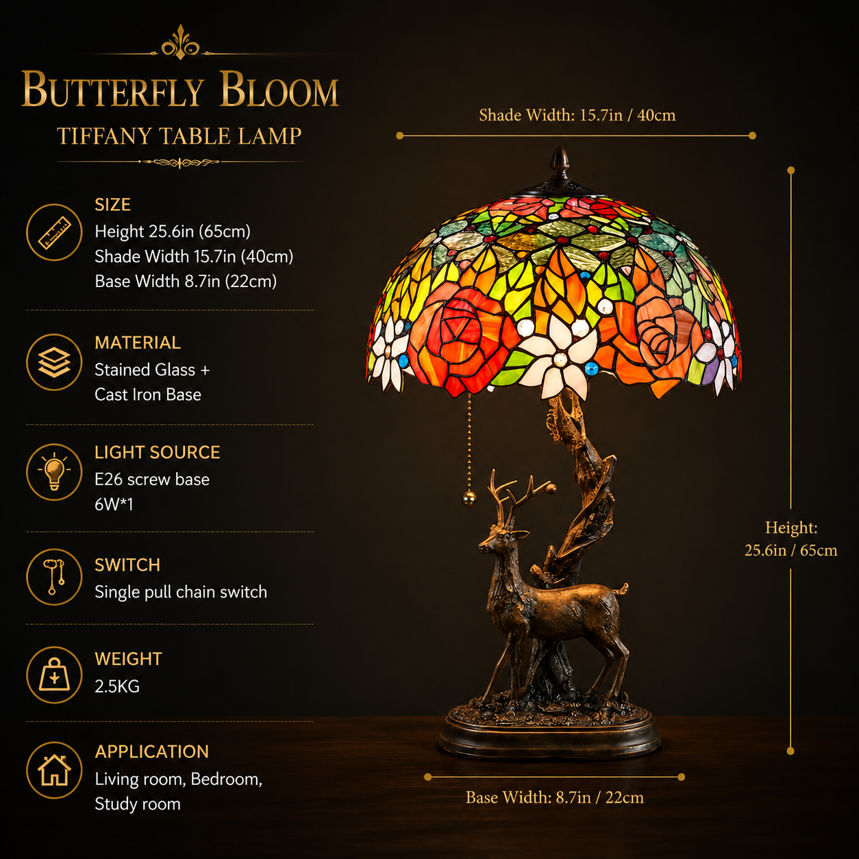 16 inch Rose Tiffany table lamp with colorful stained glass shade and antique bronze deer sculpture base dimensions