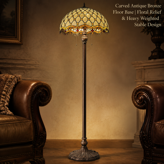 16 inch Tiffany floor lamp with palace beaded stained glass shade and antique bronze base in vintage living room