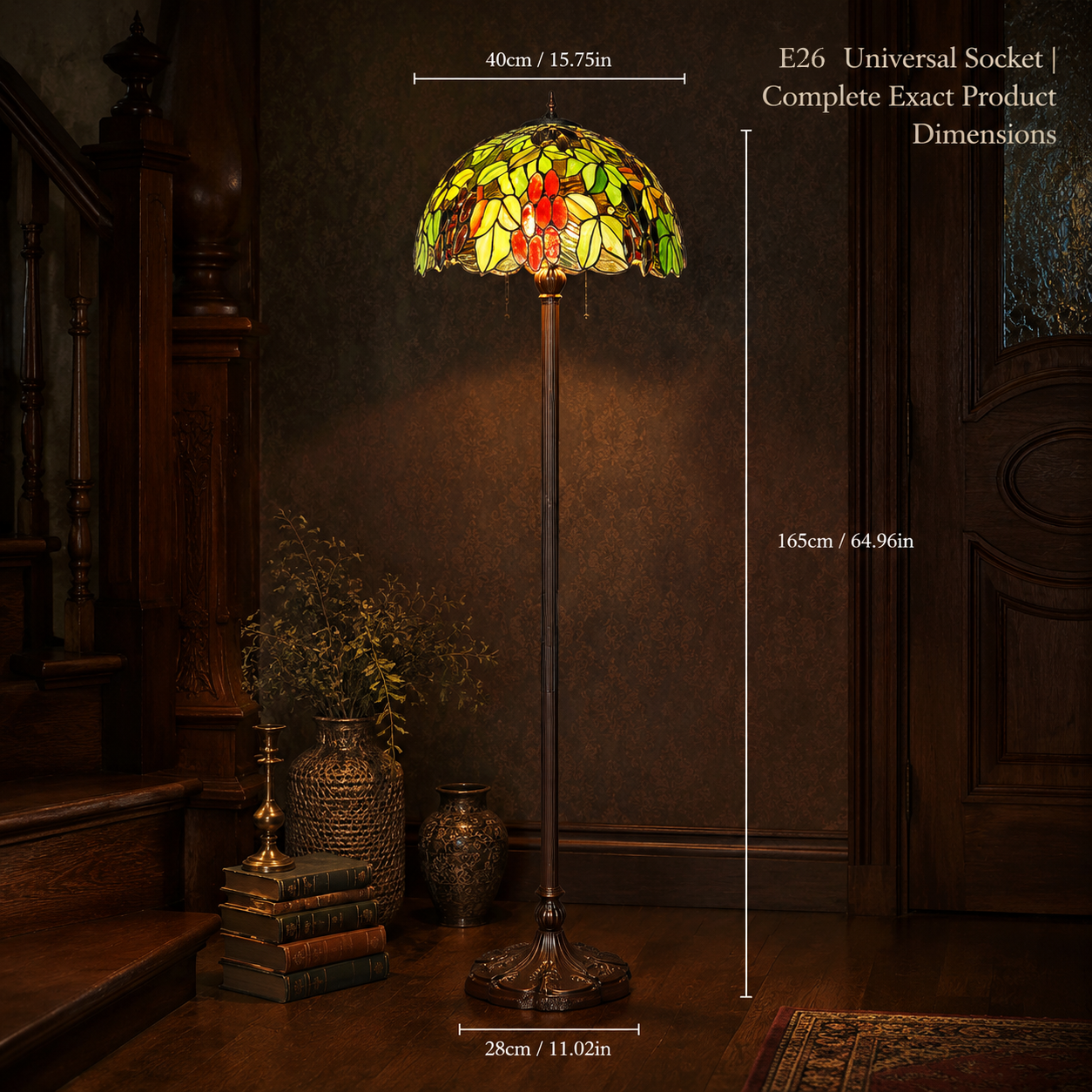 16 inch Tiffany floor lamp dimensions showing 40cm shade diameter 165cm height and E26 socket compatibility