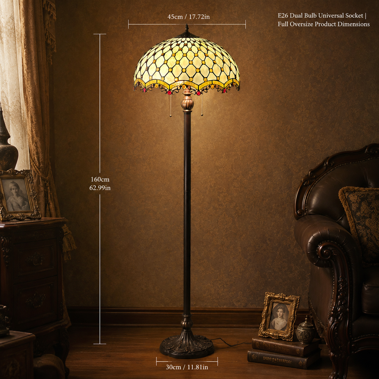 16 inch Tiffany floor lamp dimensions showing 160cm height and 45cm stained glass shade diameter