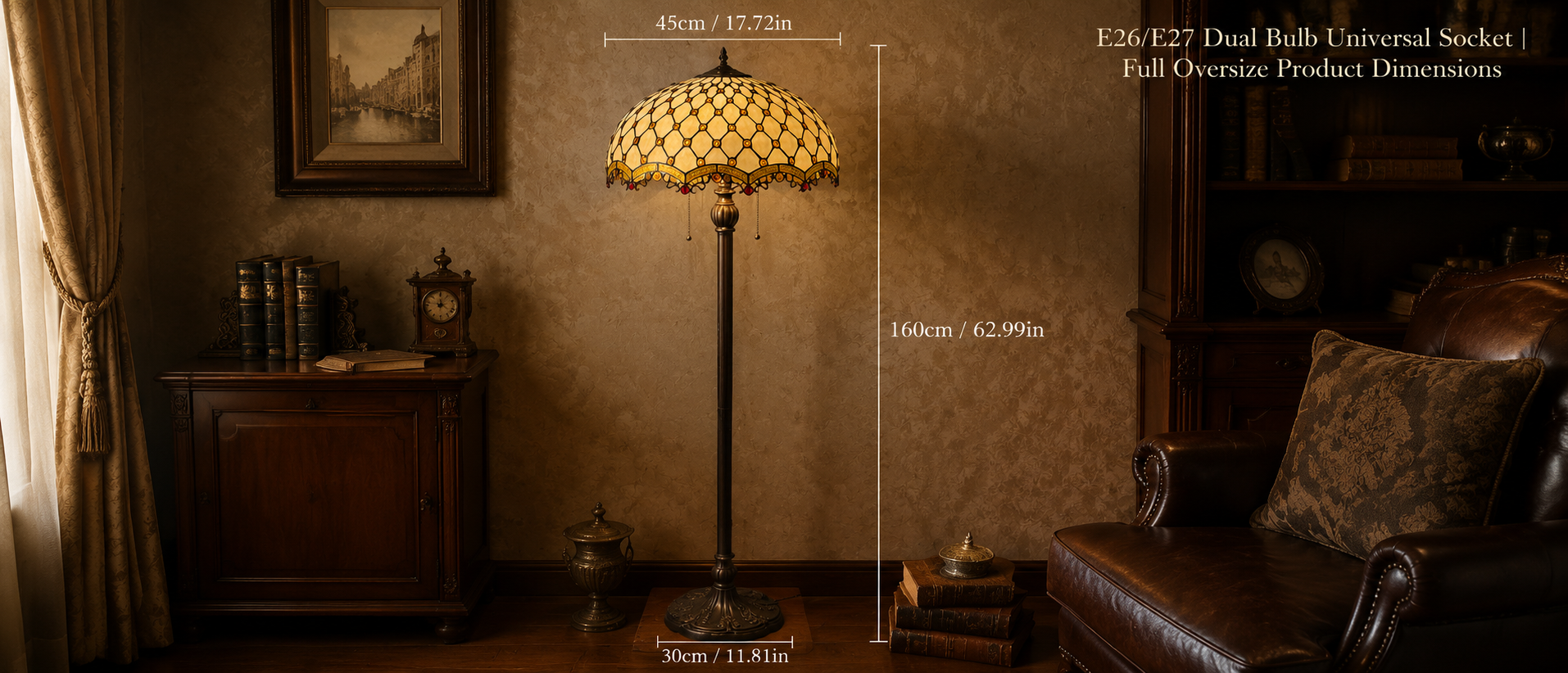 16 inch Tiffany floor lamp dimensions showing 160cm height, 45cm shade diameter and E26 dual bulb socket
