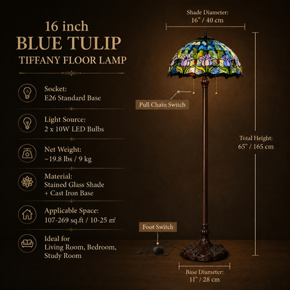 16 inch Tiffany stained glass floor lamp dimensions showing 40cm shade diameter, 165cm height and E26 socket