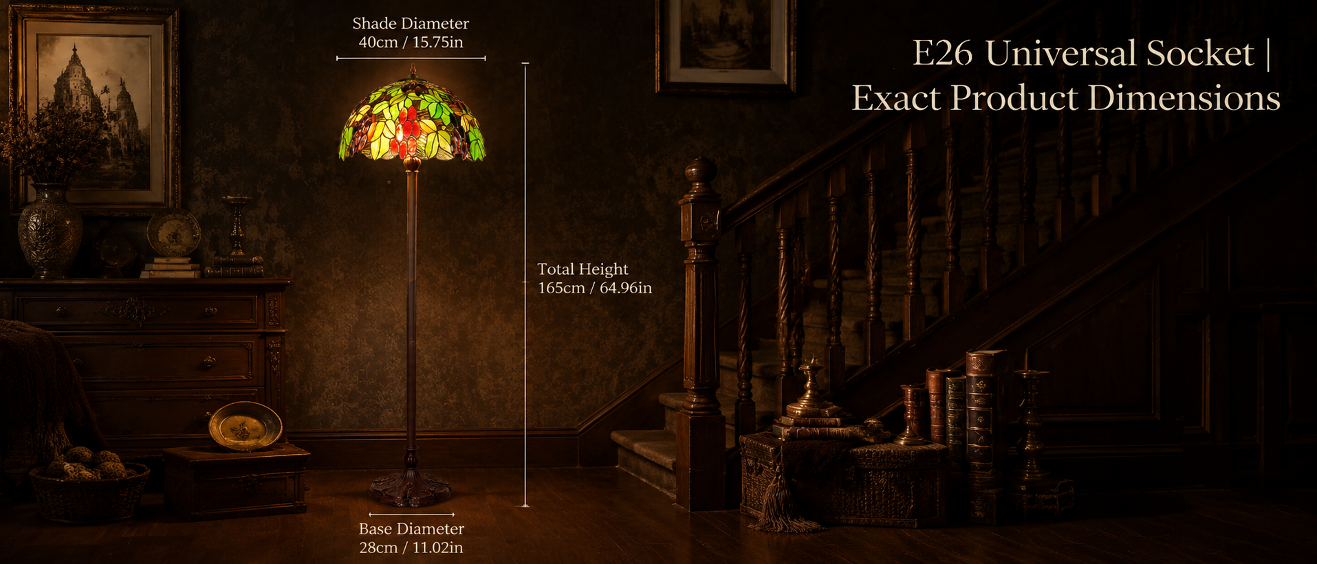16 inch Tiffany floor lamp dimensions showing 40cm stained glass shade, 165cm height and E26 socket compatibility