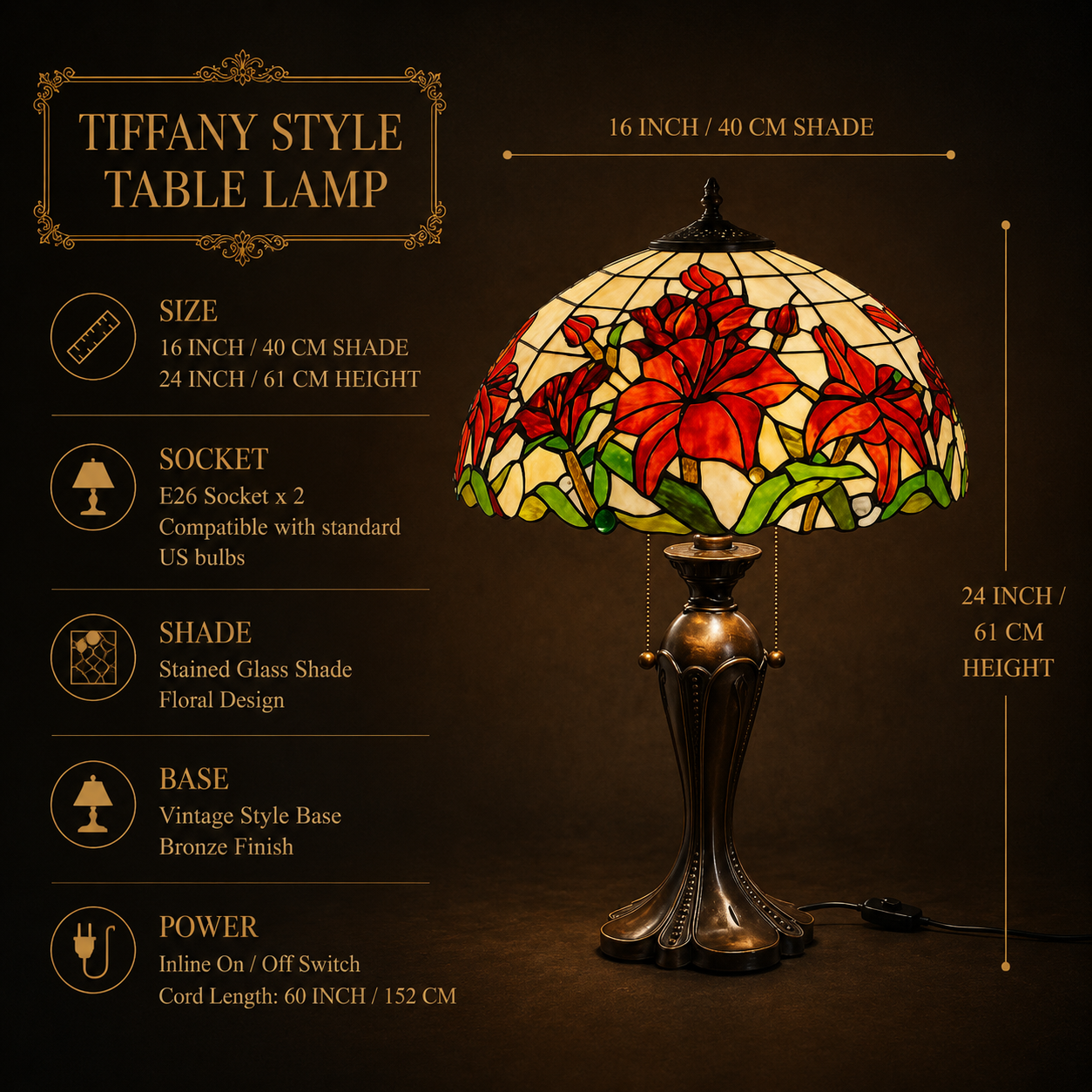 16 inch Tiffany style table lamp dimensions with E26 socket and stained glass shade specifications